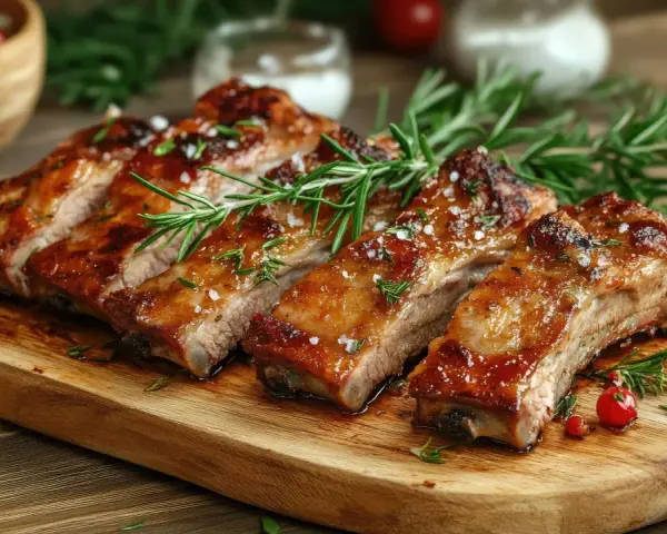Costillas a la barbacoa jugosas y glaseadas, adornadas con romero fresco y sal gruesa, listas para disfrutar.