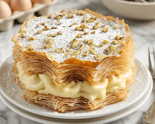 Deliciosa tarta árabe de capas crujientes y crema pastelera, espolvoreada con azúcar glas y nueces picadas.