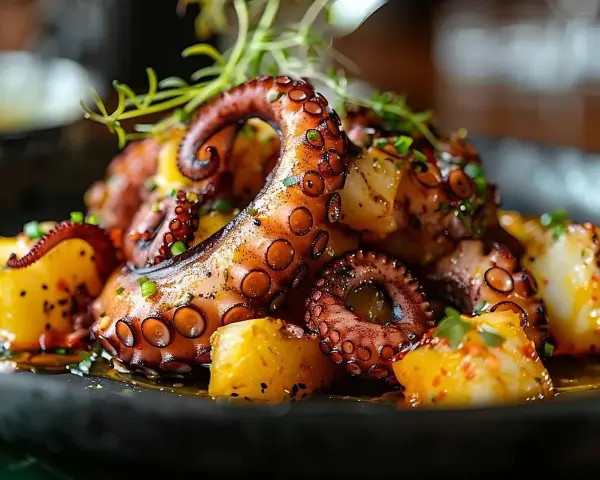 Pulpo a la parrilla con patatas. ¡Qué rico! Hay que descongelar el pulpo para cocerlo y que quede tierno.