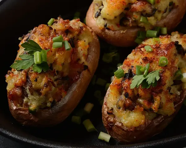 Deliciosas patatas rellenas, doradas y gratinadas, adornadas con cebolleta y perejil fresco.