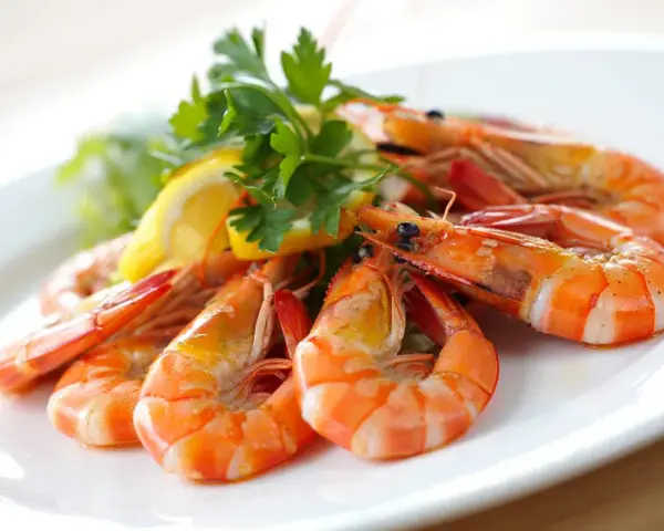 Plato de gambas al ajillo, jugosas y doradas, adornadas con perejil fresco y rodajas de limón.