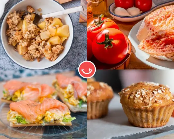 Muffins de avena, tostadas con salmón y huevos, y crumble de manzana son deliciosos desayunos saludables.