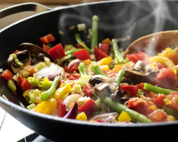 Un delicioso salteado de verduras humeante en un wok, con pimientos, judías verdes, champiñones y cebolla morada.
