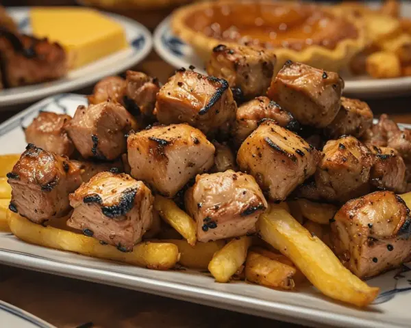 Sabroso raxo gallego a la parrilla, servido sobre patatas fritas crujientes. Un plato contundente y delicioso.
