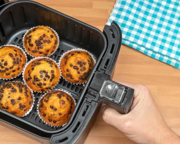 Magdalenas de chocolate recién hechas en una freidora de aire. ¡Perfectas para tus recetas airfryer!