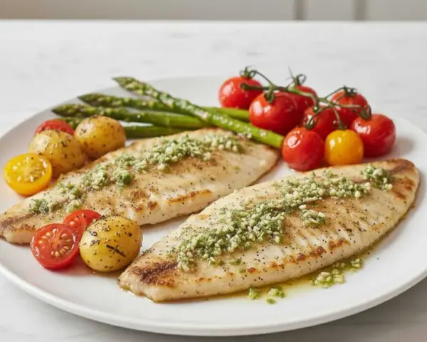 Dos filetes de merluza a la plancha con hierbas, acompañados de patatas pequeñas, espárragos y tomates cherry.