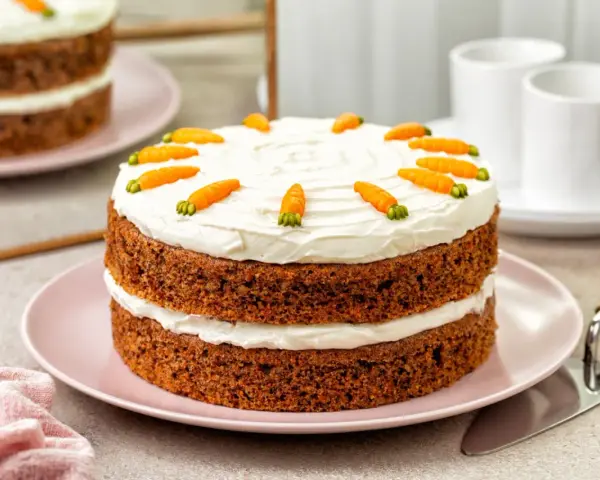 Delicioso bizcocho de zanahoria de dos pisos, cubierto con glaseado blanco y decorado con zanahorias de mazapán.
