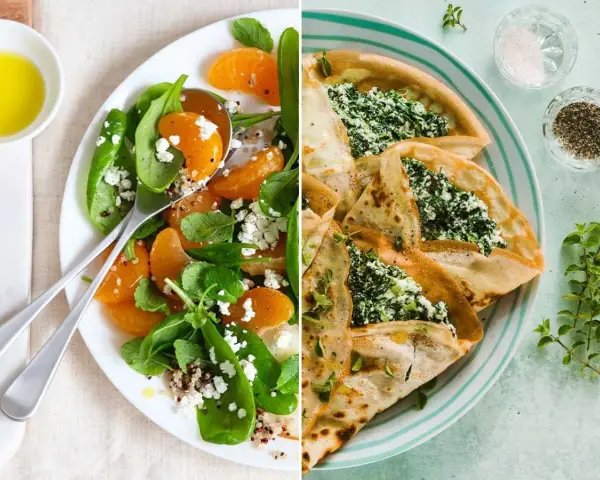 Dos deliciosas recetas con espinacas: una ensalada fresca con naranja y queso feta, y crepes rellenos de espinacas y queso.
