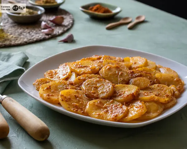 Plato de patatas al ajillo, cortadas en rodajas y cocinadas con ajo y especias.