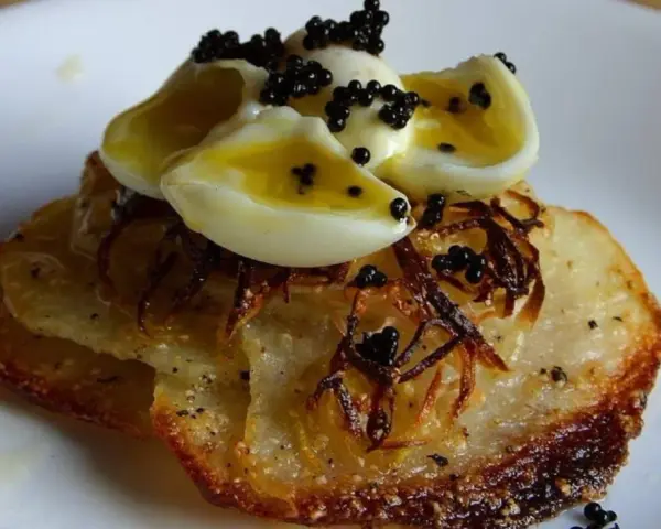 Delicioso aperitivo con patatas crujientes, cebolla frita, huevos de codorniz cocidos y caviar negro.