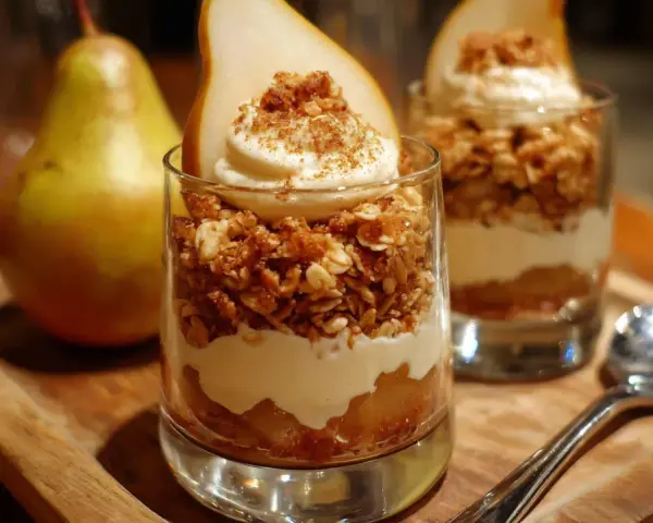 Deliciosos postres fáciles en vaso con pera, crema y granola crujiente. ¡Perfectos para cualquier ocasión!
