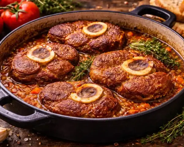Cuatro medallones de osobuco de ternera cocinados a fuego lento en una cazuela con verduras y hierbas.
