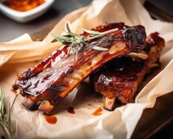 Costillas al horno jugosas y glaseadas, servidas sobre papel de hornear con romero fresco.