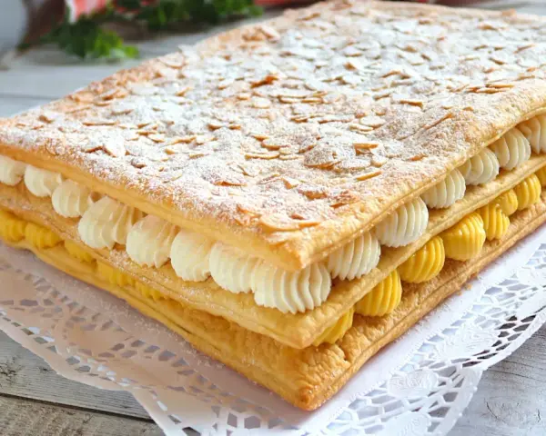Delicioso pastel de milhojas de crema, con capas de hojaldre crujiente, crema pastelera amarilla y crema batida blanca, espolvoreado con azúcar glas y almendras laminadas.