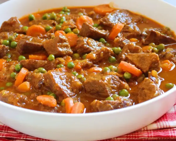 Ternera a la jardinera en un cuenco blanco, con trozos de carne tierna, zanahorias y guisantes en una salsa sabrosa.