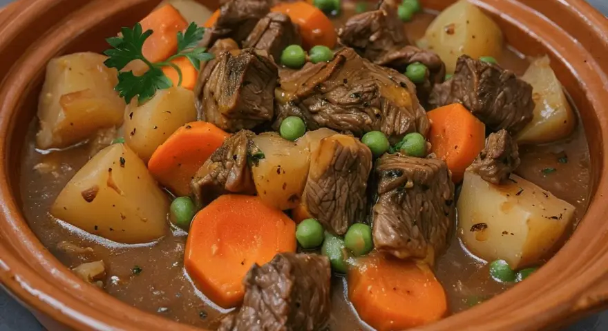 Un reconfortante plato de carne guisada con patatas, zanahorias y guisantes en una cazuela de barro.