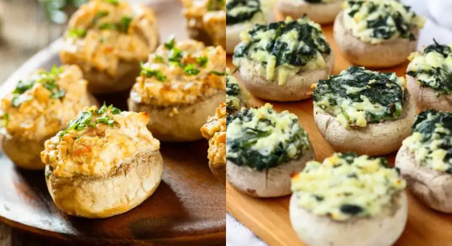 Champiñones rellenos de queso y espinacas, y otros con un relleno cremoso y hierbas. ¡Deliciosos bocados!