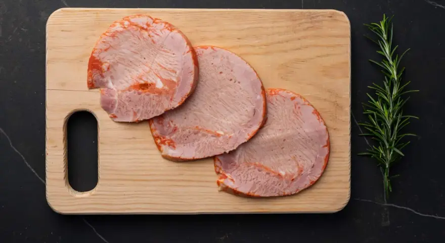 Tres rodajas de lomo adobado, con un toque de romero, listas para disfrutar.