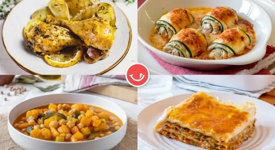 Cuatro platos deliciosos: pollo asado con limón, rollitos de calabacín, guiso de calabaza y garbanzos, y lasaña. ¡Comidas fáciles de hacer para disfrutar!