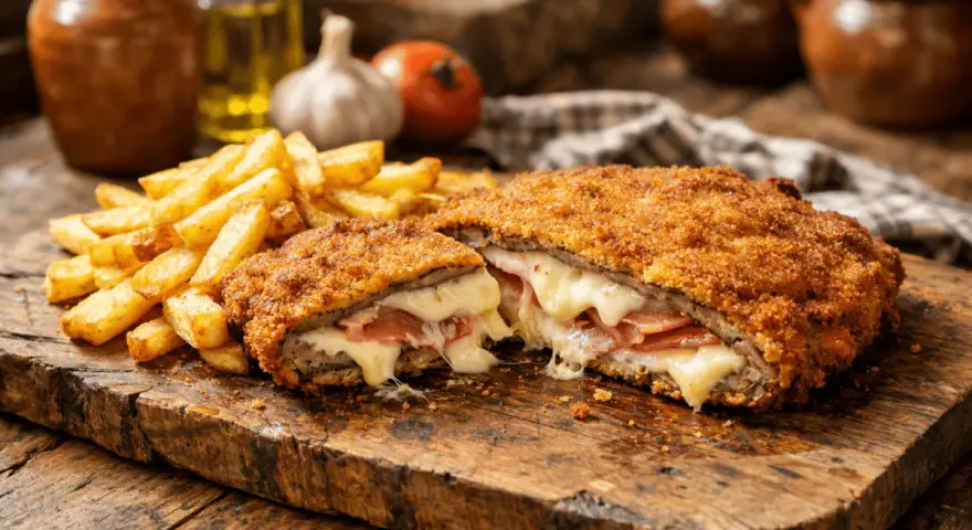 Cachopo recién hecho, crujiente por fuera y jugoso por dentro, con queso fundido y jamón. La receta perfecta para disfrutar con patatas fritas.