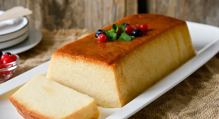 Un delicioso pudin de pan, con una capa dorada y decorado con frutos rojos y menta.