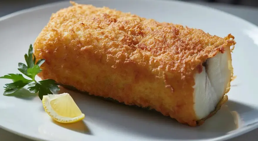 Un trozo de bacalao rebozado y dorado, servido con perejil y limón. Perfecto para tus recetas de bacalao.