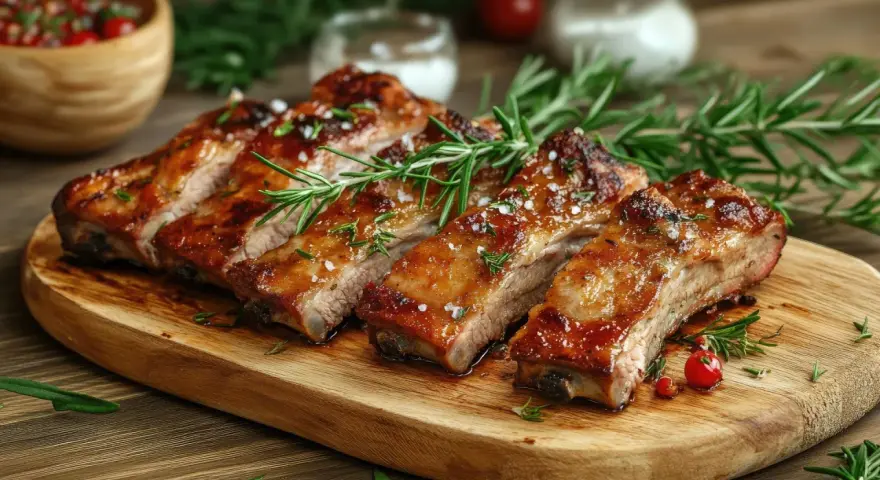 Costillas a la barbacoa jugosas y glaseadas, adornadas con romero fresco y sal gruesa, listas para disfrutar.