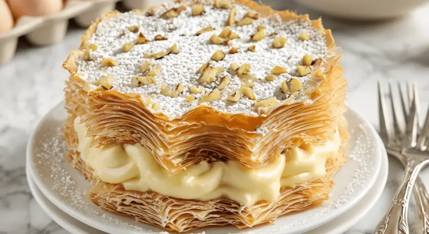 Deliciosa tarta árabe de capas crujientes y crema pastelera, espolvoreada con azúcar glas y nueces picadas.