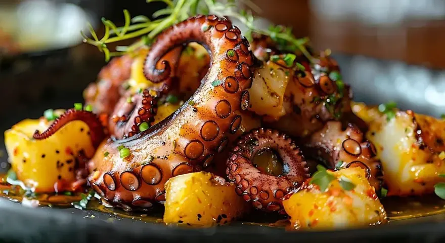 Pulpo a la parrilla con patatas. ¡Qué rico! Hay que descongelar el pulpo para cocerlo y que quede tierno.