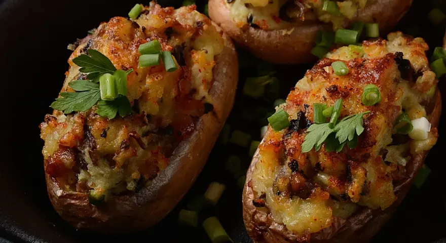Deliciosas patatas rellenas, doradas y gratinadas, adornadas con cebolleta y perejil fresco.