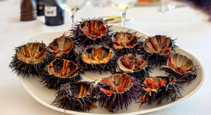 Plato con varios tipos de erizos de mar abiertos, mostrando su interior anaranjado y morado, listos para degustar.