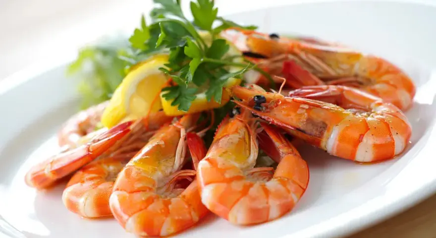 Plato de gambas al ajillo, jugosas y doradas, adornadas con perejil fresco y rodajas de limón.