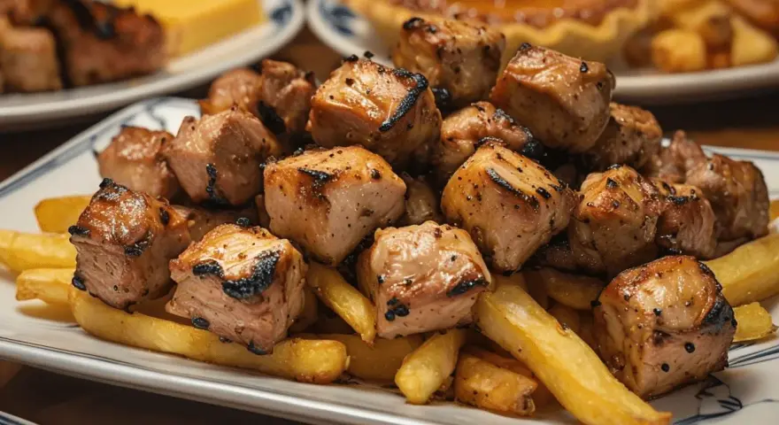 Sabroso raxo gallego a la parrilla, servido sobre patatas fritas crujientes. Un plato contundente y delicioso.