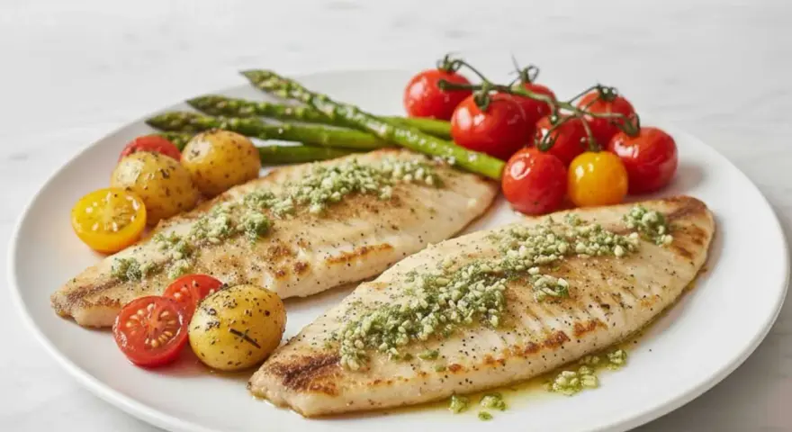 Dos filetes de merluza a la plancha con hierbas, acompañados de patatas pequeñas, espárragos y tomates cherry.