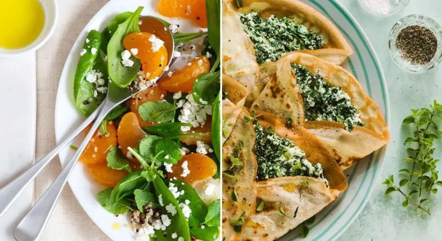 Dos deliciosas recetas con espinacas: una ensalada fresca con naranja y queso feta, y crepes rellenos de espinacas y queso.