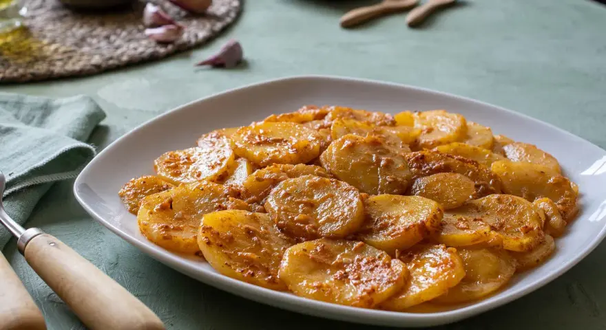 Plato de patatas al ajillo, cortadas en rodajas y cocinadas con ajo y especias.