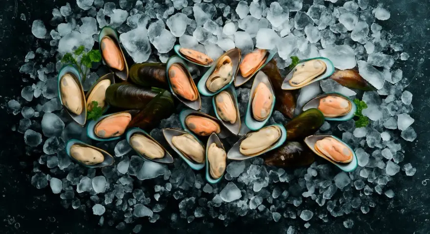 Mejillones frescos listos para congelar, sobre una cama de hielo picado. Su carne naranja y cremosa contrasta con sus conchas oscuras.