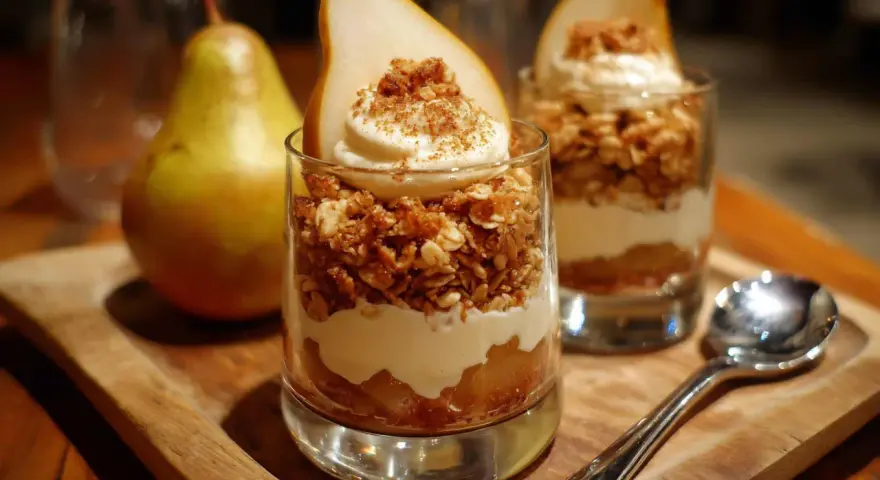 Deliciosos postres fáciles en vaso con pera, crema y granola crujiente. ¡Perfectos para cualquier ocasión!