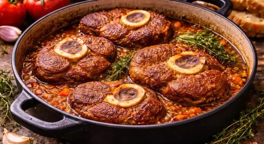 Cuatro medallones de osobuco de ternera cocinados a fuego lento en una cazuela con verduras y hierbas.