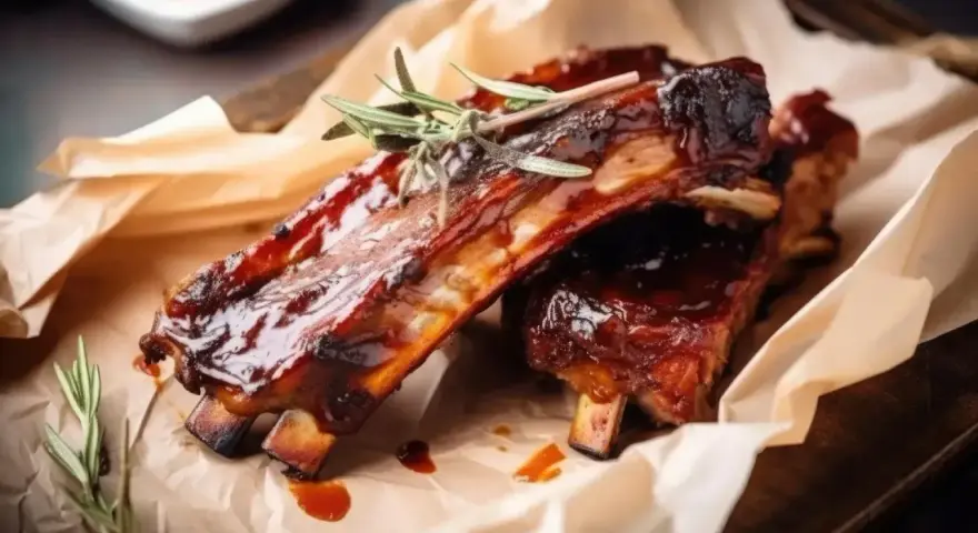 Costillas al horno jugosas y glaseadas, servidas sobre papel de hornear con romero fresco.