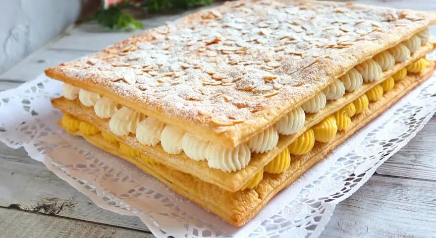 Delicioso pastel de milhojas de crema, con capas de hojaldre crujiente, crema pastelera amarilla y crema batida blanca, espolvoreado con azúcar glas y almendras laminadas.
