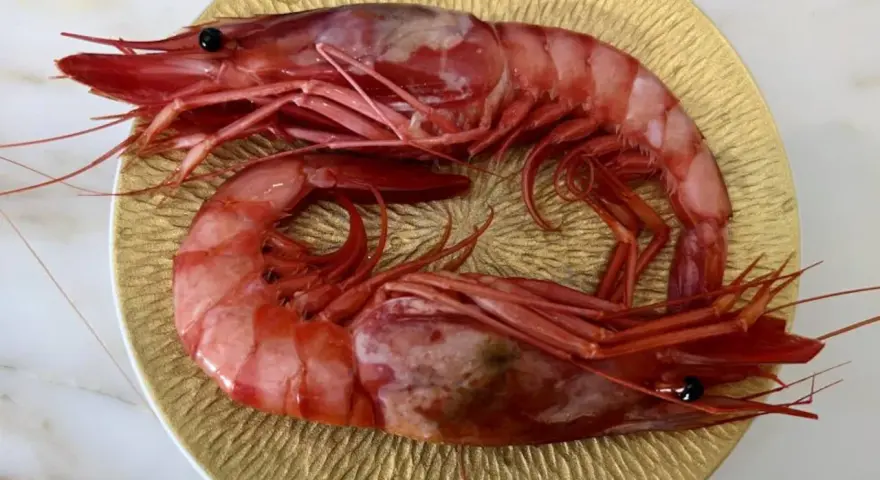 Dos gambas rojas, de distintos tipos, descansan sobre un plato dorado.