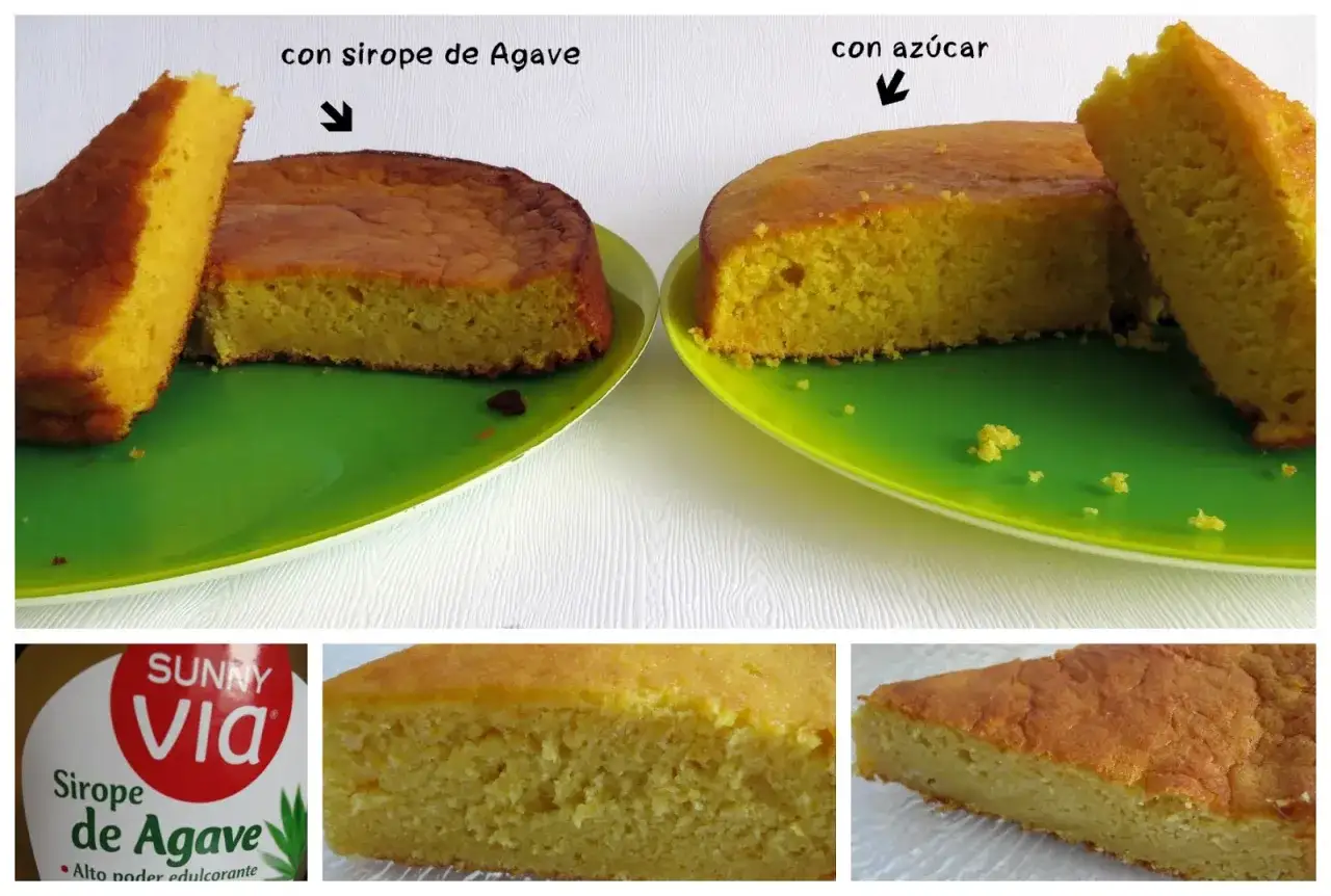 Dos bizcochos, uno con sirope de agave y otro con az&uacute;car, en platos verdes. Se aprecian las migas y la textura esponjosa.
