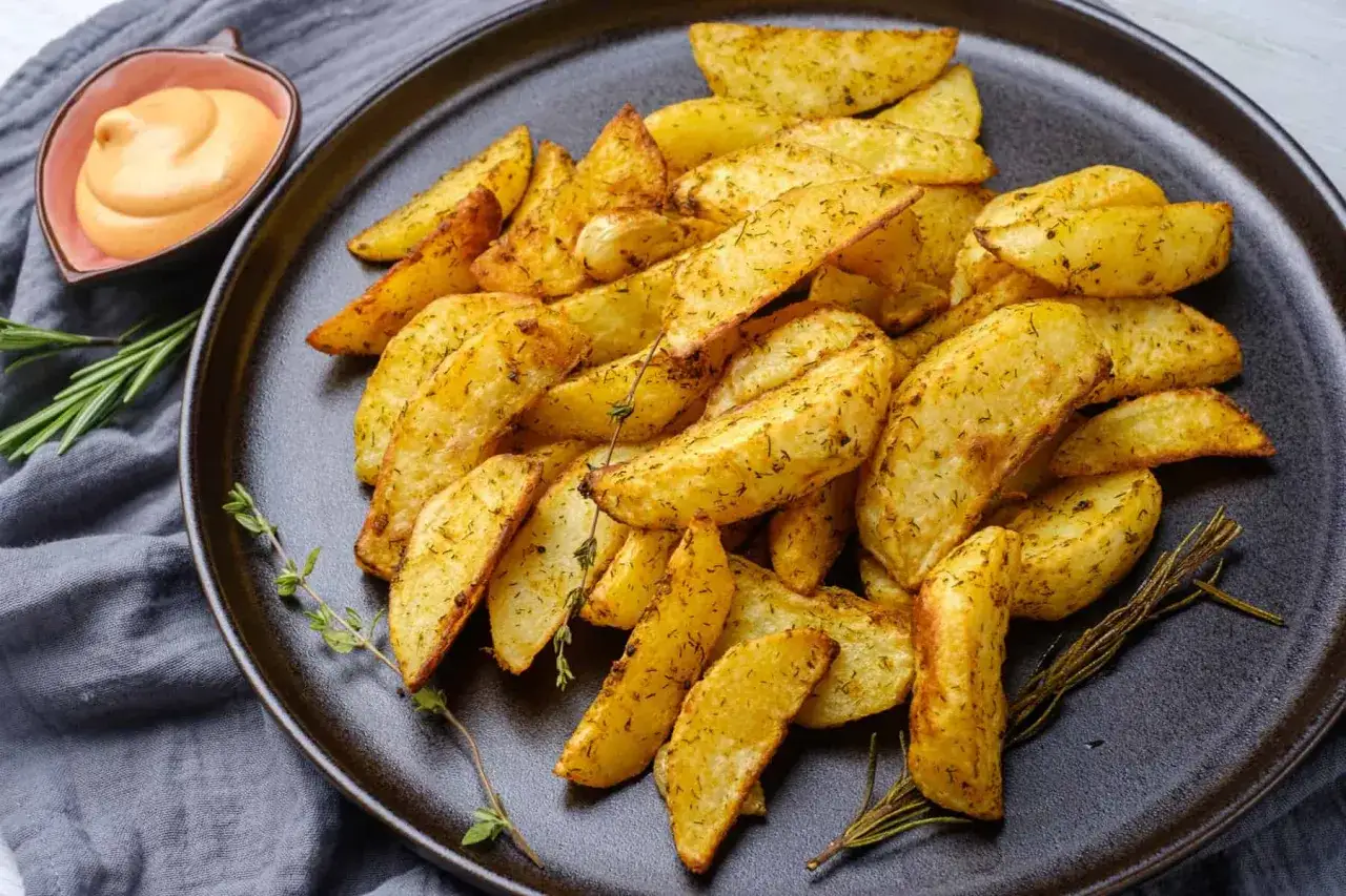 Patatas al ajillo crujientes y doradas, servidas con una salsa cremosa y hierbas frescas. &iexcl;Un aperitivo irresistible!