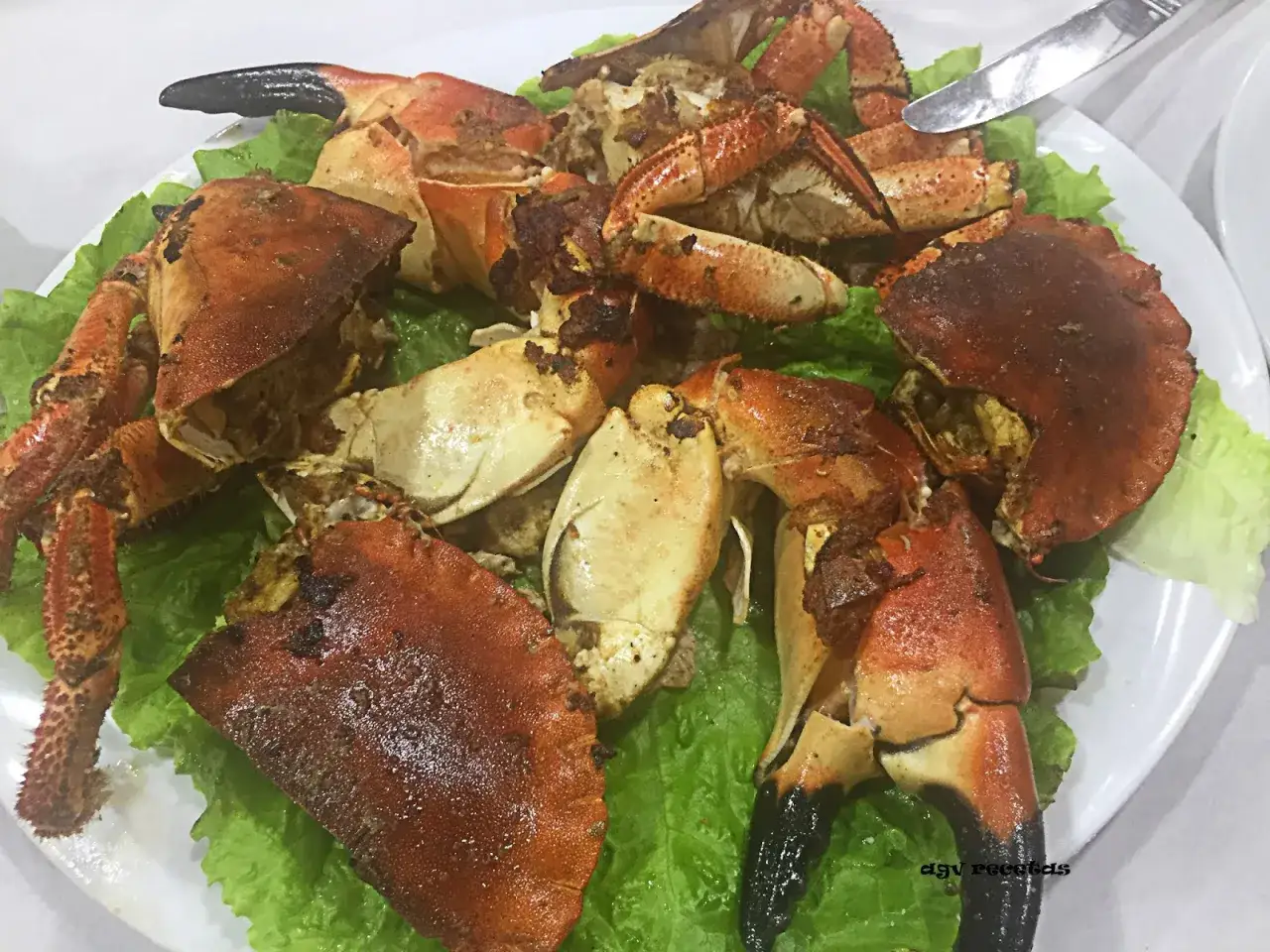 Buey de mar a la plancha, servido sobre lechuga fresca. Sus pinzas negras y caparazón rojizo invitan a disfrutar de su sabor.