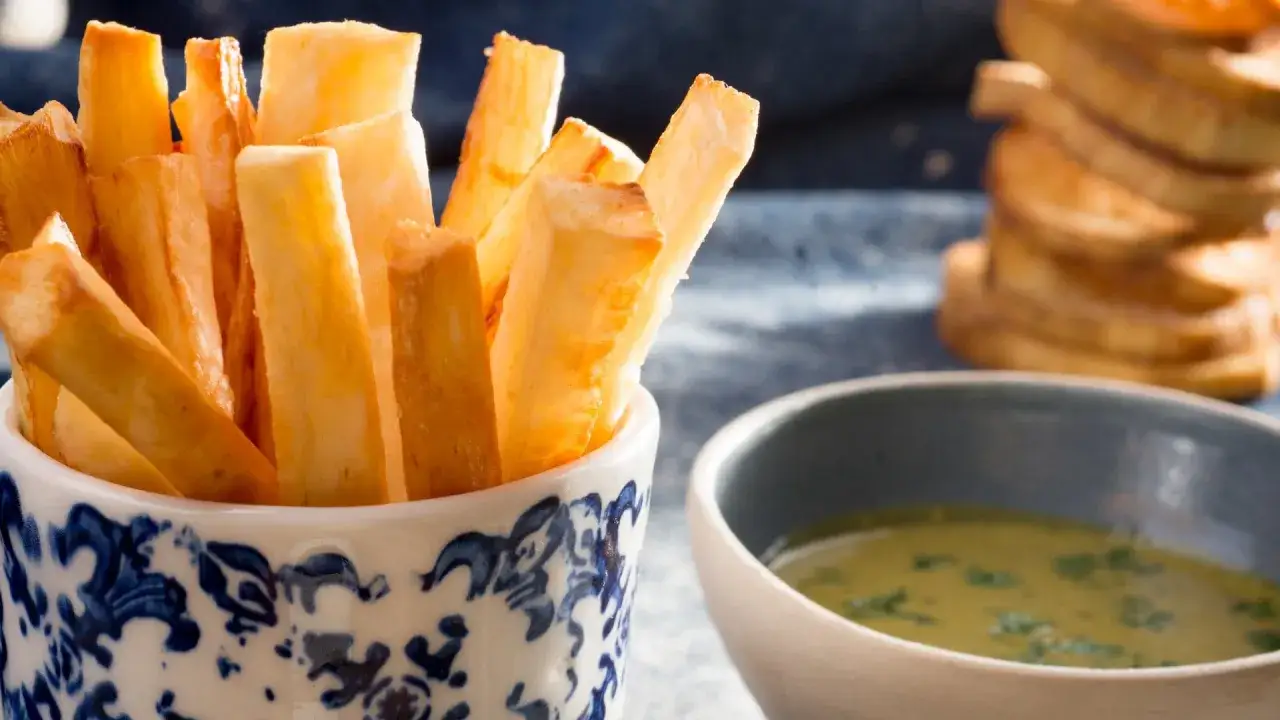 Crujientes bastones de yuca frita dorada en una taza decorada, listos para ser sumergidos en una salsa verde.