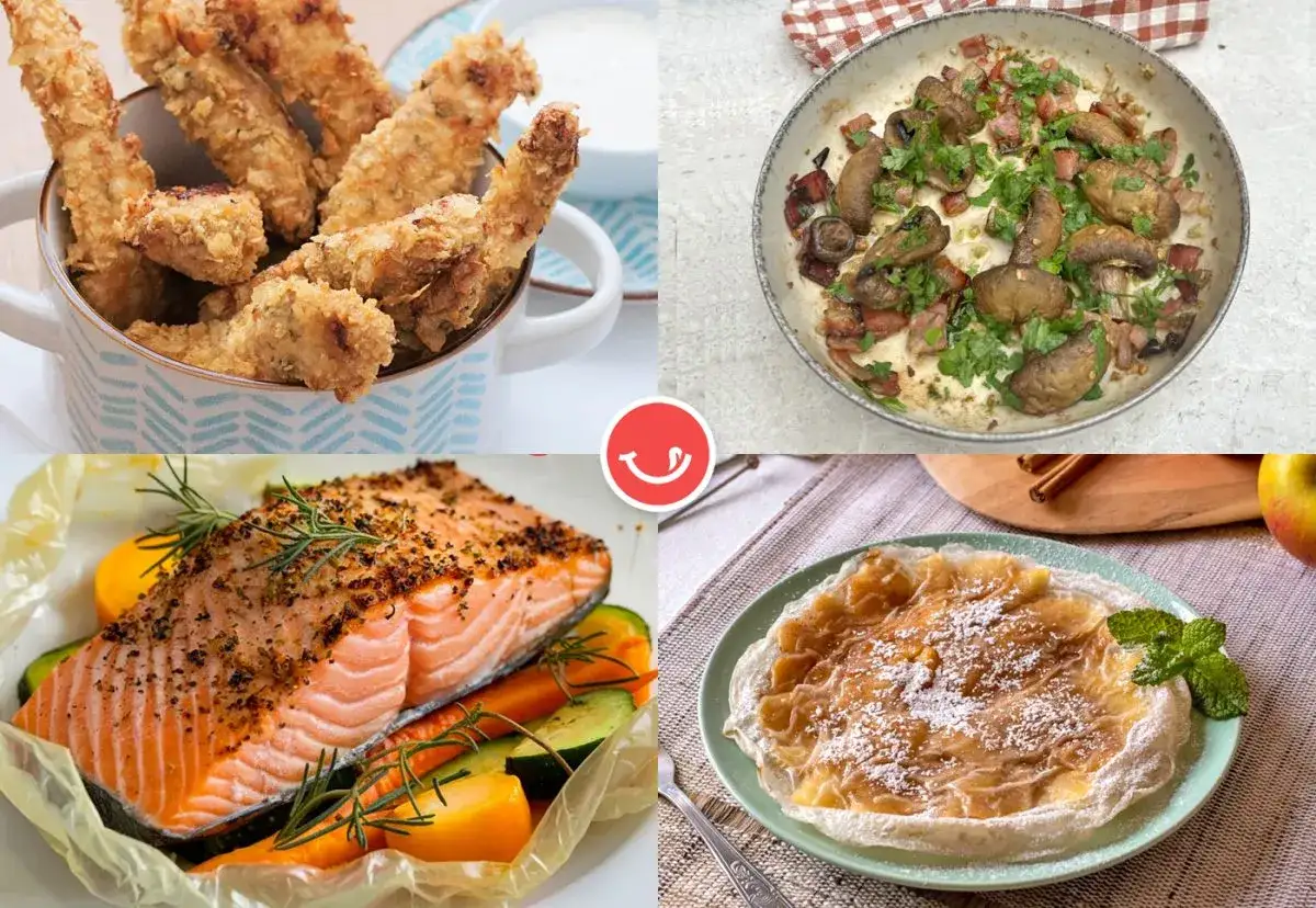 Deliciosas recetas airfryer: tiras crujientes, salm&oacute;n al horno, champi&ntilde;ones con bacon y tarta de manzana.