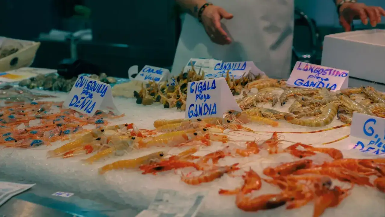 Exhibici&oacute;n de diversas clases de gambas frescas en hielo, con carteles indicando 