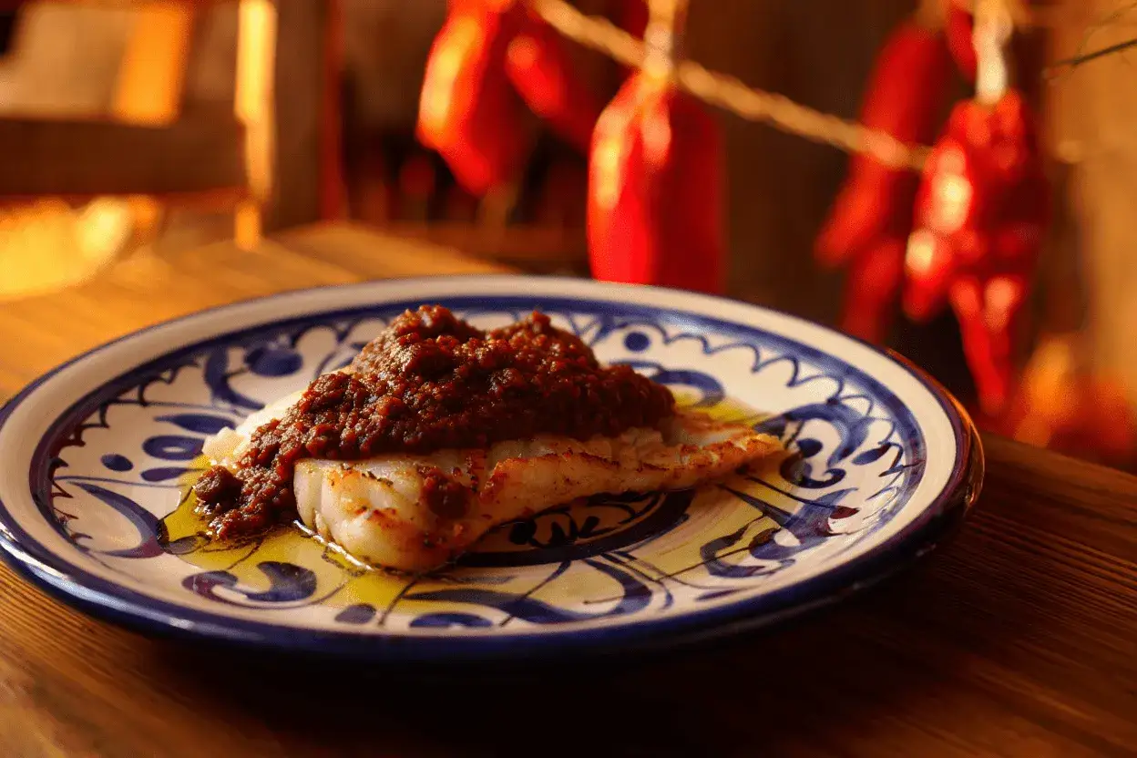 Delicioso bacalao a la vizcaina sobre plato decorado, con pimientos rojos secos al fondo.