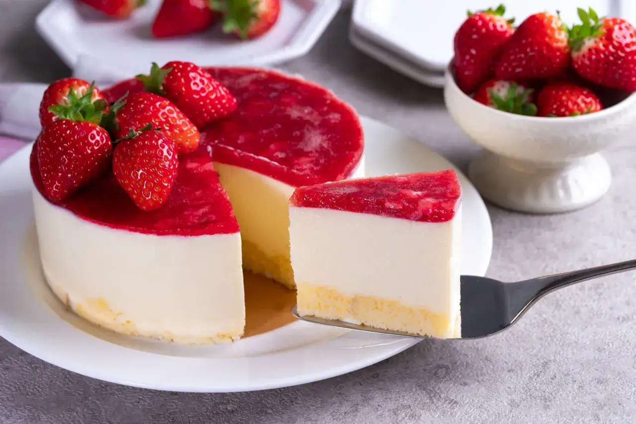 Deliciosa tarta de queso sin horno, cubierta con mermelada de fresa y fresas frescas. &iexcl;Perfecta para cualquier ocasi&oacute;n!